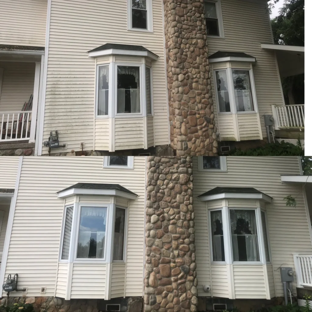 Bay window and siding before and after exterior cleaning