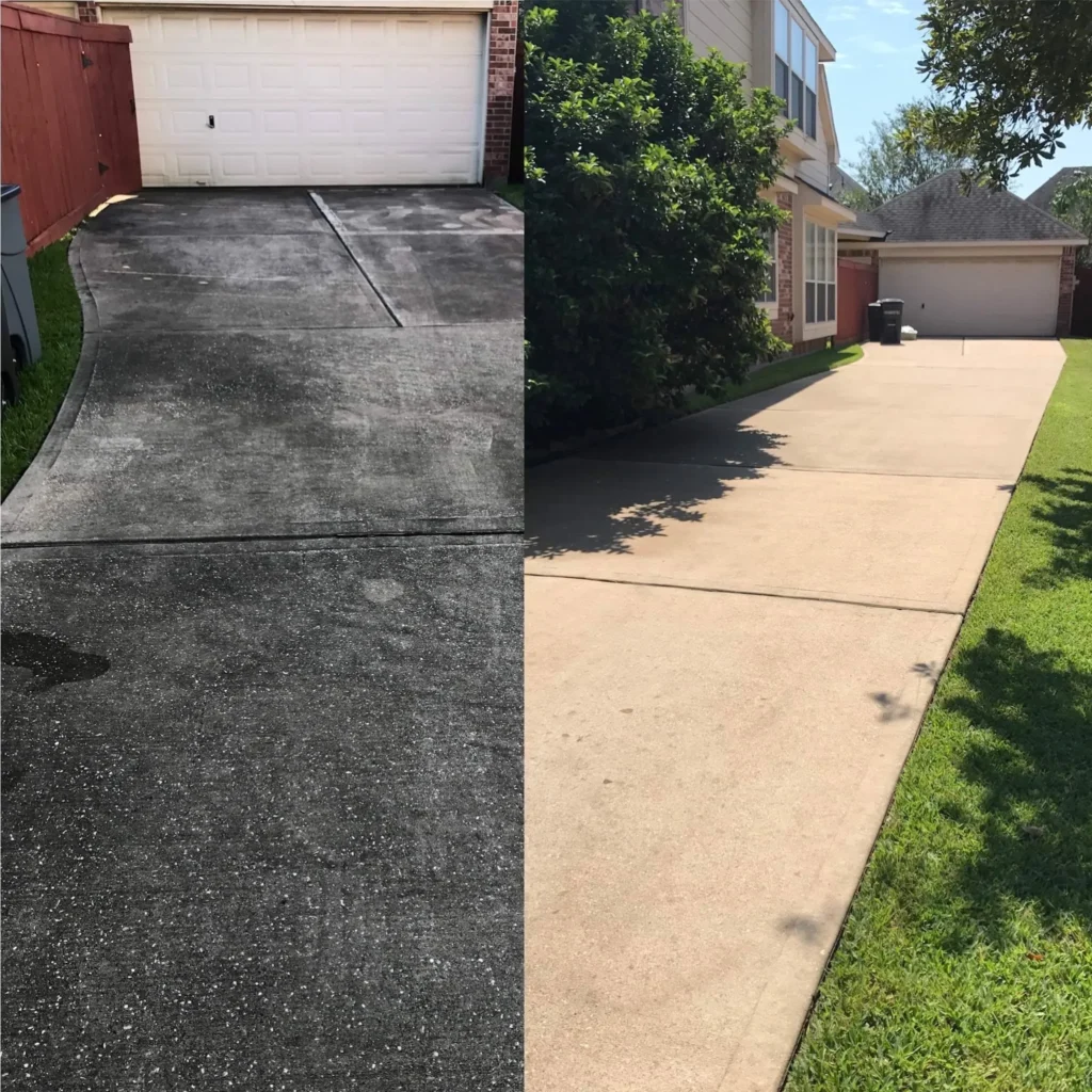 Before and after photos showing a dark stained concrete driveway after cleaning