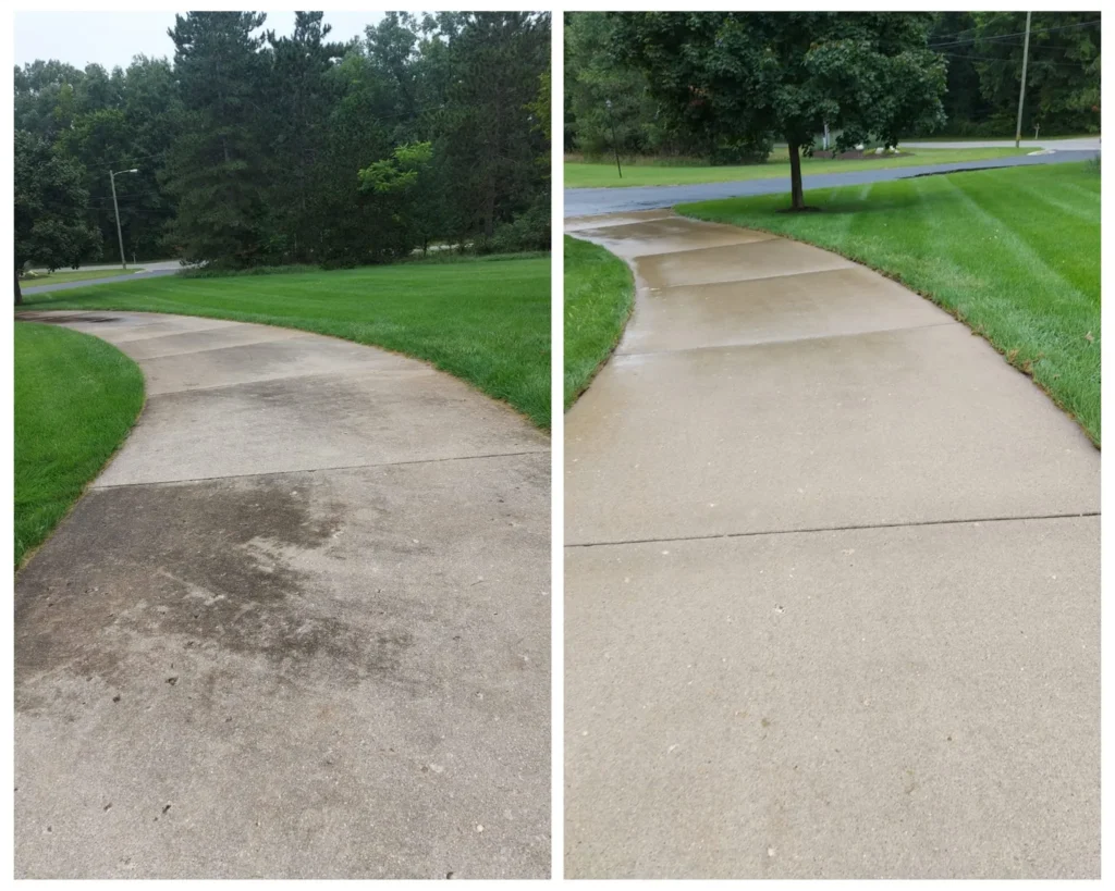 Concrete walkway pressure washing before and after cleaning