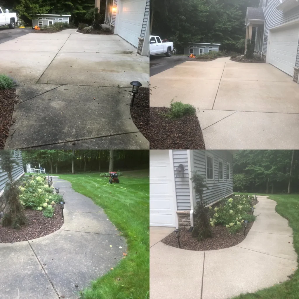 Driveway and sidewalk pressure washing before and after cleaning