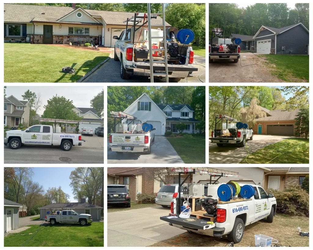 Pressure washing service truck providing residential exterior cleaning