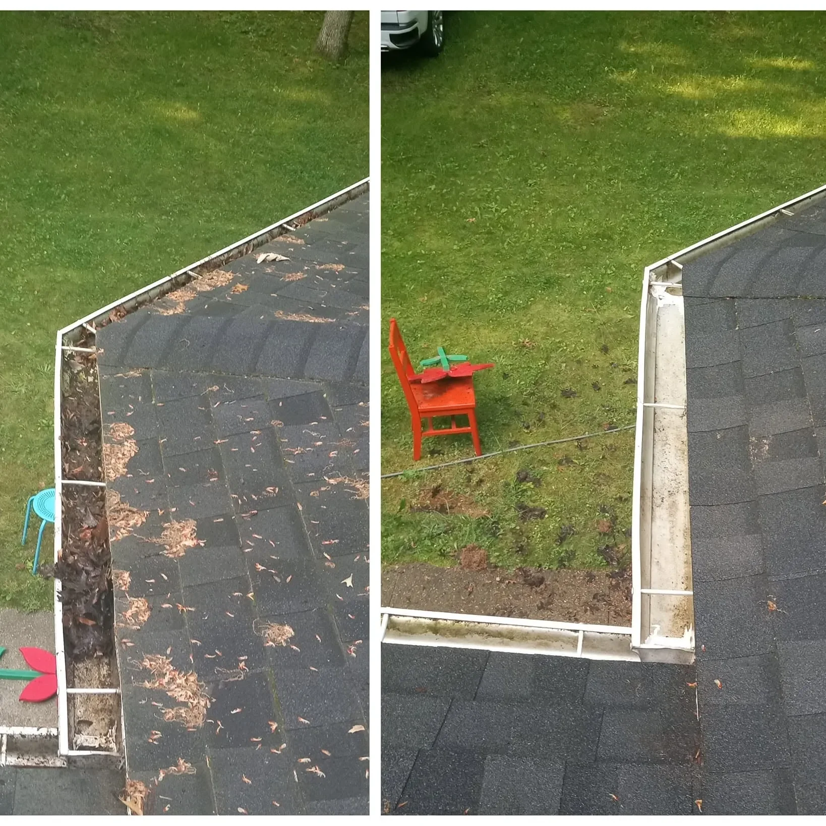 Before and after photos of roof gutters cleaned and cleared of leaves and debris